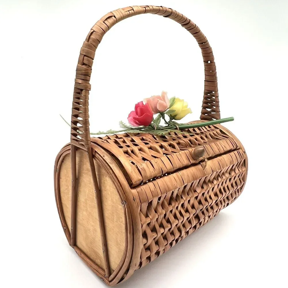 Vintage Wicker Basket Handbag Floral Accent Purse Cottagecore Garden Party 1950s